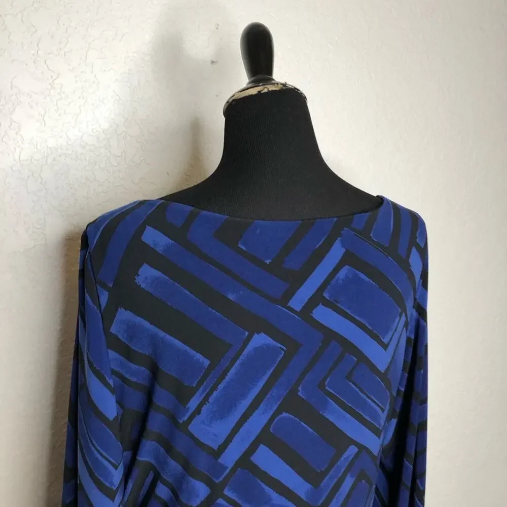 Lauren Ralph Lauren blue black geometric ruched side midi dress size 16W